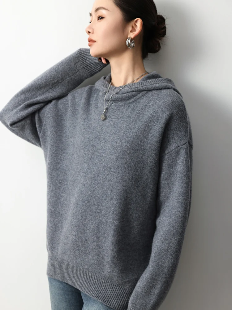 100 pure wool hoodie women's thick hooded knitted sweater autumn and winter new loose casual versatile cashmere sweatshirt