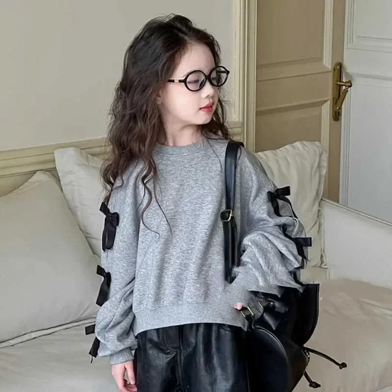 2026 Girls Sweatshirt Autumn and Winter New Style Girls' Puff Sleeved T-shirt Top Bow Fashion Outerwear Coat Baby Girl Clothes 5