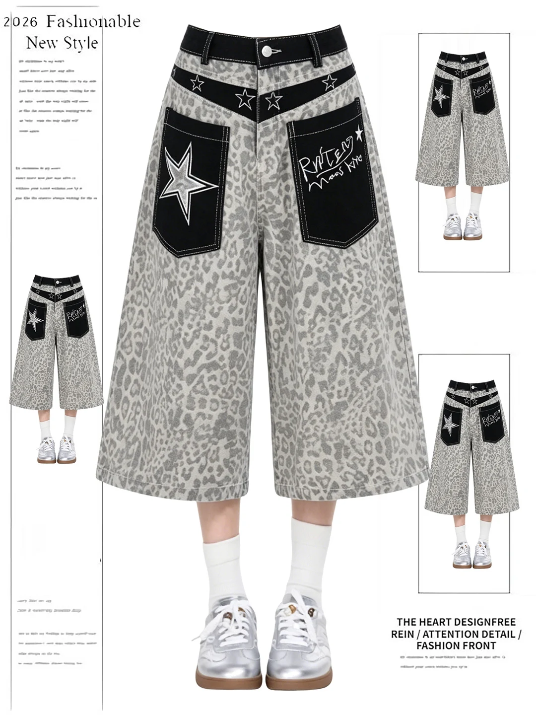 

American Style Embroidered Leopard Print Denim Jeans High Waist Wide Leg Short Pants Contrast Color Casual Summer Fashion