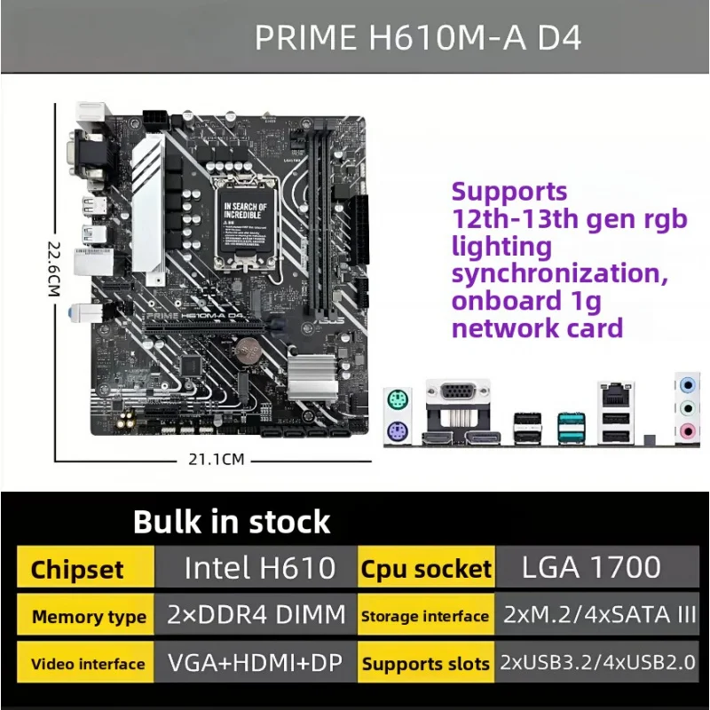 98% nueva, Placa Base ASUS PRIME H610M-A D4, H610 LGA1700 mATX DDR4, Estable, Confiable, Suave, Segura, 100% Probada
