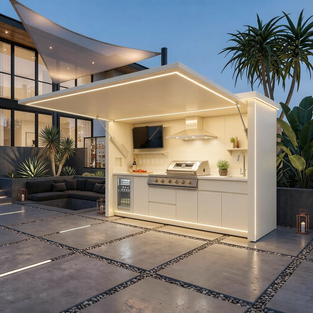 Customized Outdoor Kitchens Luxury Outdoor Kitchen BBQ Island with Grill Sink Fridge Modular Backyard Patio Cooking Station