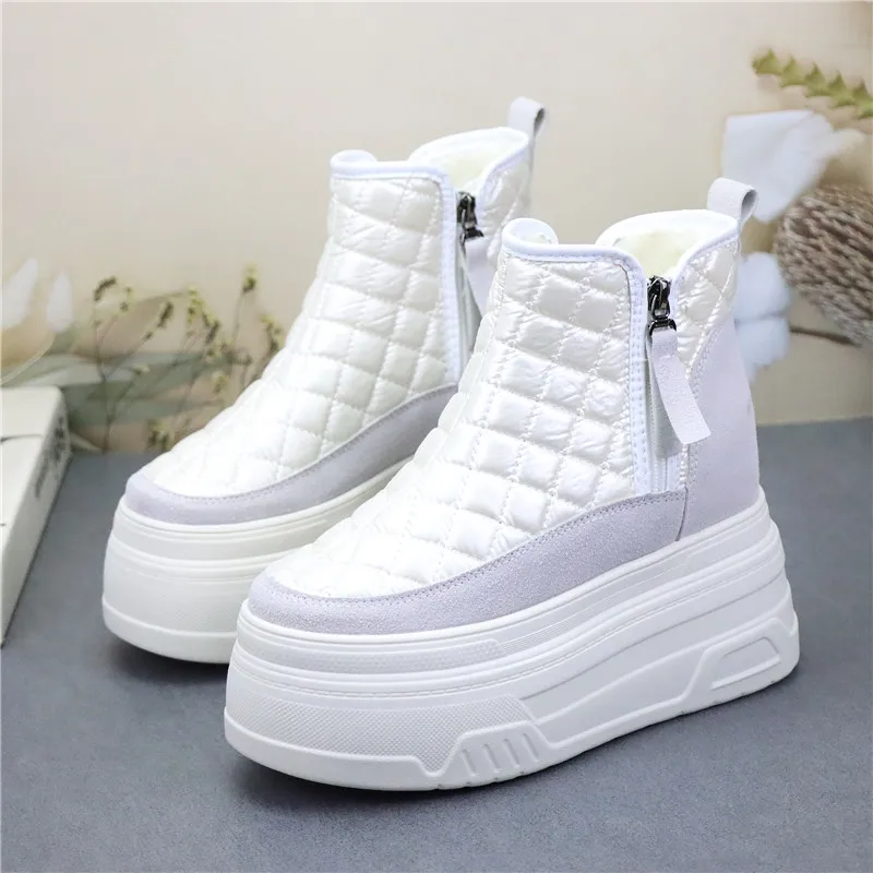 Short Tube Fur One Cotton Boots To Increase Slimming Plaid Large-size Snow Boots with Thick Soles To Increase 12cm Women's Boots