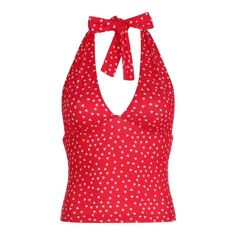 Fashion Y2k Sweet Halter Women Tanks Skinny Sleeveless Print Hotsweet V-Neck Backless Blouses image 5