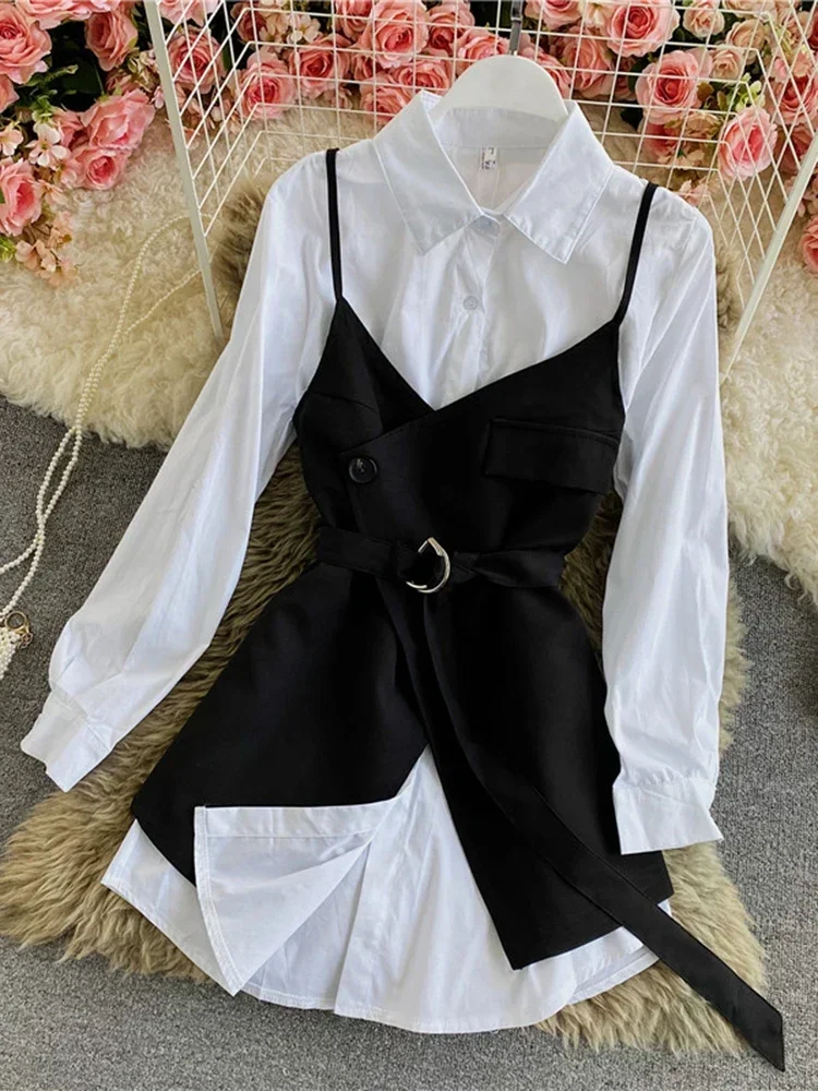 Spring Summer Fashion Temperament Irregular Lace Sling Stitching Two-piece Medium-length Solid Color Shirt C159