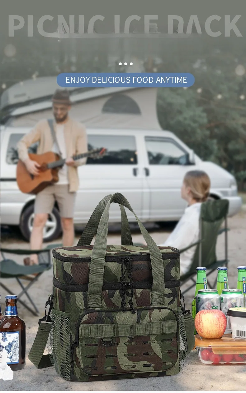 Tarnfarbene Outdoor-Picknicktasche mit doppelter Schicht, tragbare Isoliertasche, Camping-Lunchbag mit großem Fassungsvermögen, Outdoor-Kühltasche, Lunchbox – Detail 1
