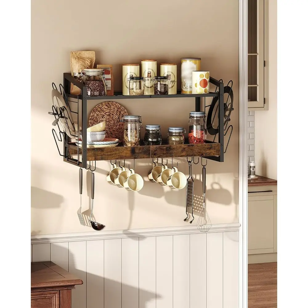 رف أوعية مثبت على الحائط من طبقتين، 12 خطافًا، منظم تخزين المطبخ للأواني والمقالي والأواني والبني الريفي TPR02BF #3