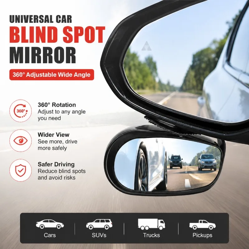 360 Wide Angle Car Blind Spot Mirror High Clear Anti-glare Glass Auxiliary Rearview Lens for Front Rear Wheels Large View