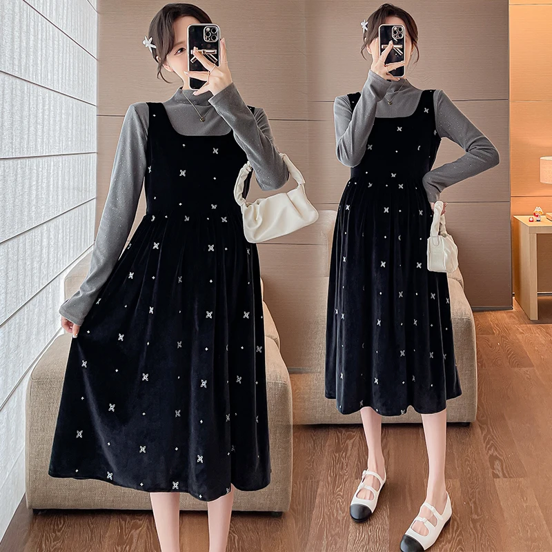 Japanese Style 2024 Spring Maternity Dress Suits Beautiful Shirts+strap Velvet Dress Twinset Fashion Pregnant Women's Dress Suit