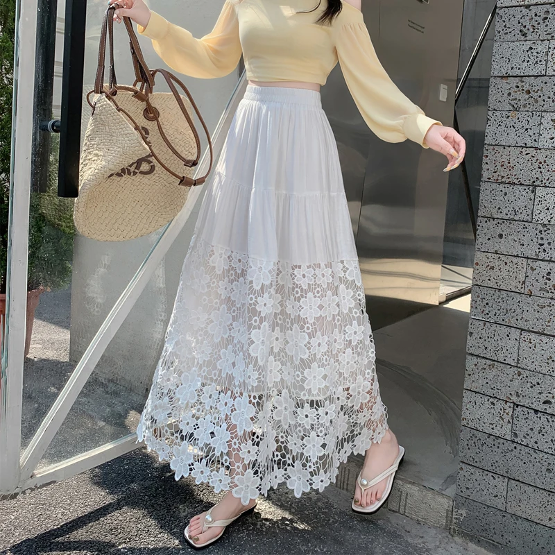 Spring/Summer Heavy-Look Embellished Hollow out High-Waist Midi Skirt for Women in White with Sweet Lace Trim