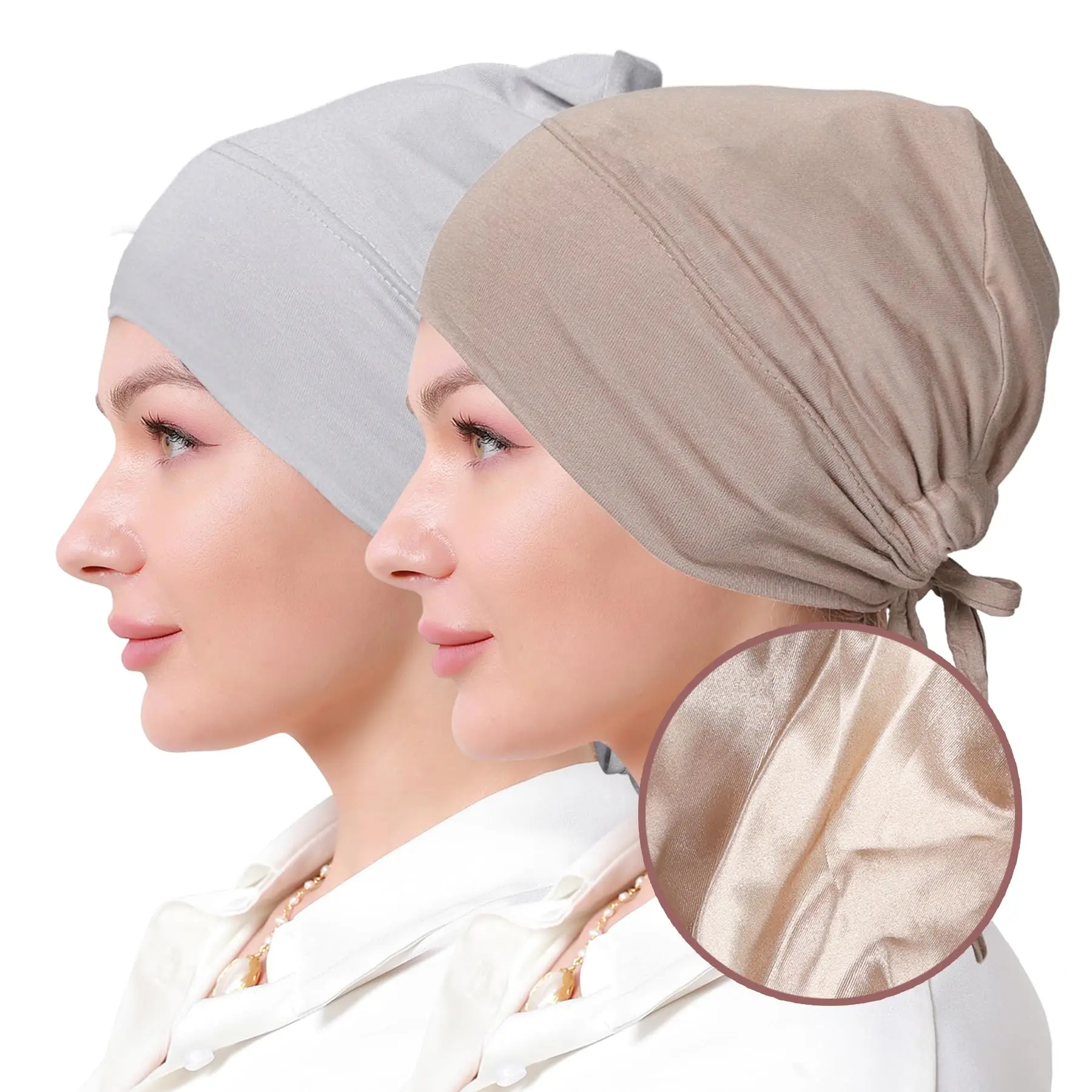 Double Layer Modal Satin Hijab Cap Muslim Turban Bandana Islam Undercap with Tie Bonnet Instant Hijabs for Women Turkish Scarves