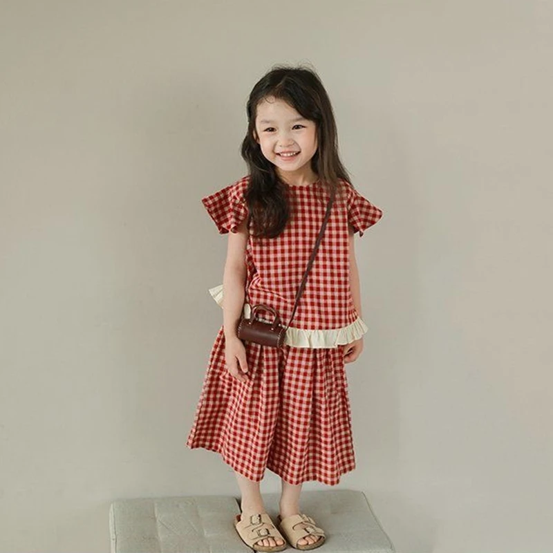 

Girls Summer Red Plaid Suit kids Lace flying Sleeve T-shirt + Loose Shorts Fashionable Girls Korean Style Clothes For 1-7years