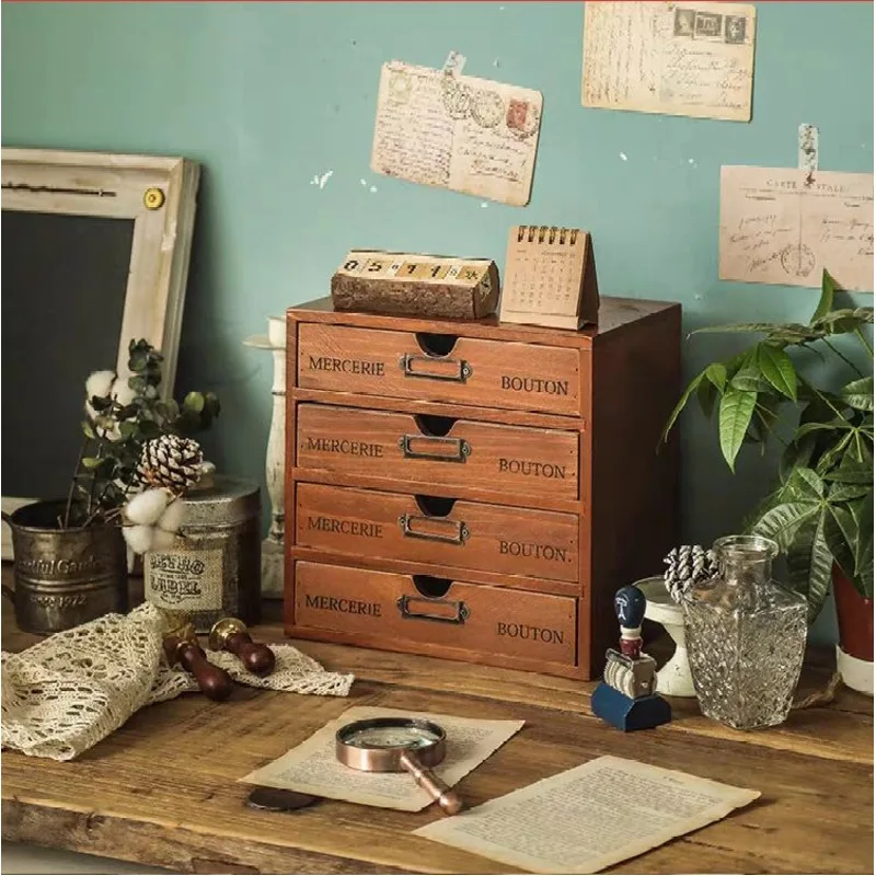 

Design Desktop Old Style Small Wooden Treasure Box Jewelry Storage 4 Drawers Brown Retro Storage Box