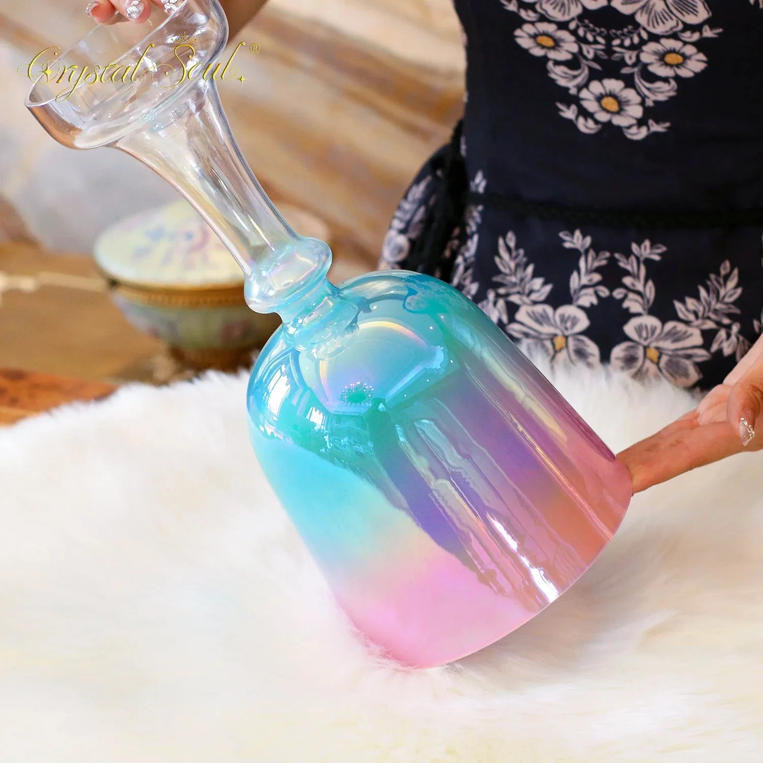 YUN QI QING YIN Four-Layer Gradient Alchemy Holy Chalice Crystal Bowl 432Hz Crystal Soul Sound Vibration Healing Bowl With Full Accessories For Yoga Sound Bath