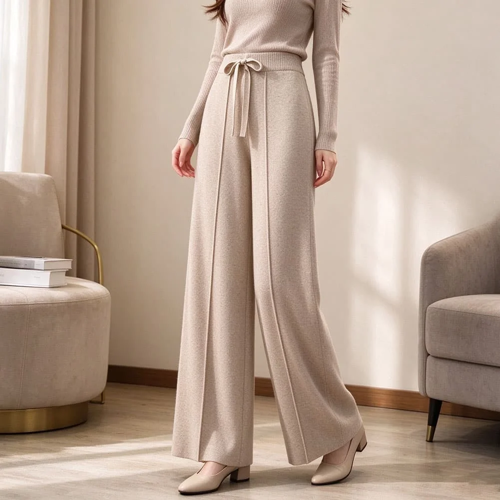 Flowy Wide Leg Knit Pants for Women Featuring High Waist and Adjustable Drawstring Ideal for Beach Vacation and Cycling