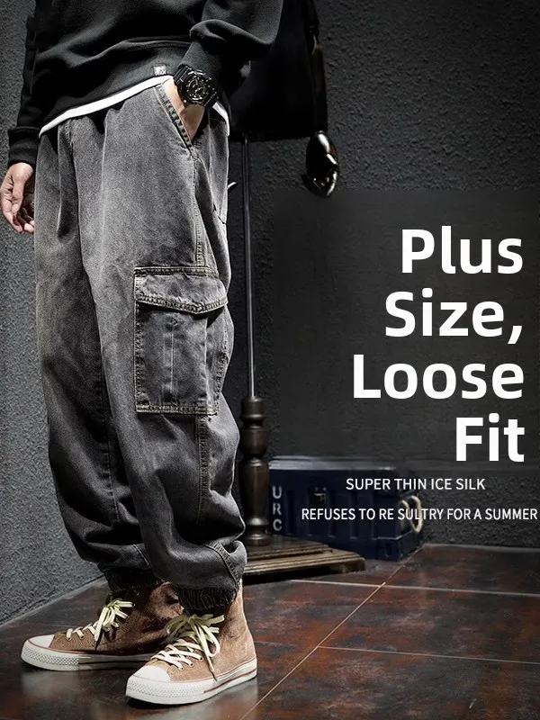 

American Retro Workwear Jeans Men Loose Large Size Bla ey Wide Leg Pants Casual Multi ket Pants Men's Loose Fit Jeans