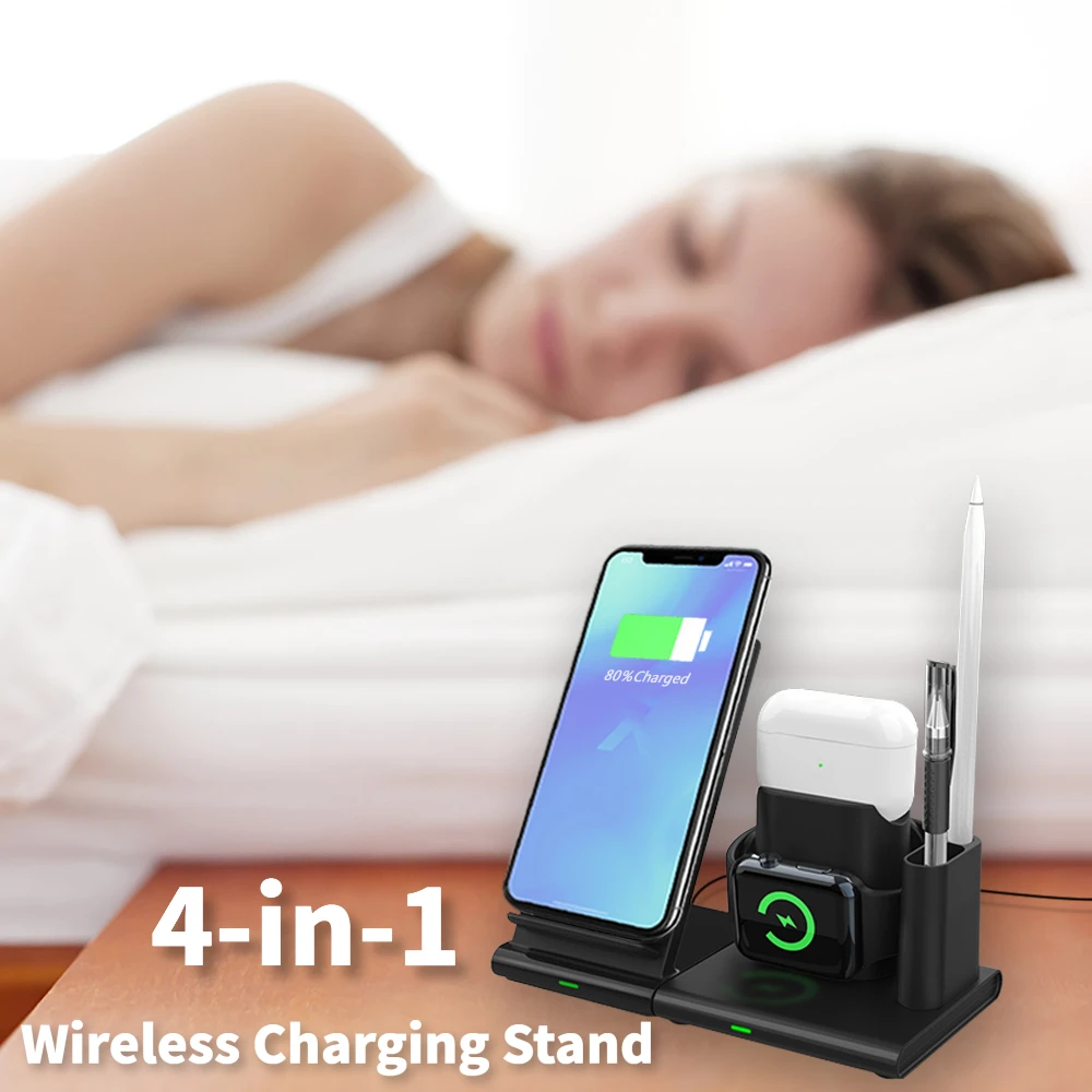 Fast Wireless Charging Stand 4-in-1 for iPhone Apple Watch AirPods Pen Holder Supports simultaneous charging with Organizer Slot