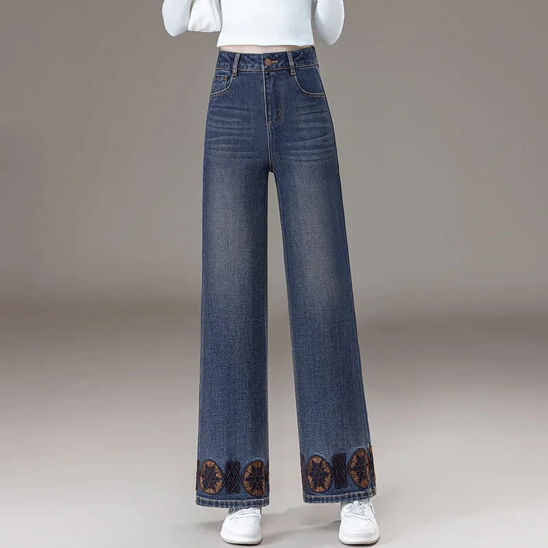 

National Style Fashion Embroidery Patchwork Design Cuff Denim Long Pants Women Autumn New Draped Wide Leg Pants Trendy