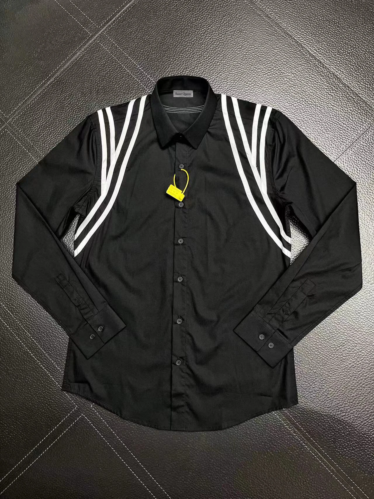 

Saint Queen Men's Black Long Sleeve Shirt White Stripe Shoulder Casual Button Down | 85125