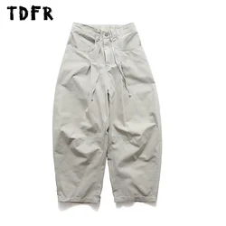Solid Color Cargo Pants Mens Spliced Retro Streetwear Elastic Waist Pocket Loose Wide Leg Trousers Men