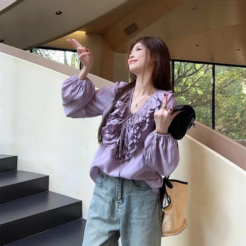 

Женская блузка Y2K с рюшами и V-образным вырезом, на завязках, с длинными рукавами, в стиле стритвир, фиолетовая, свободного кроя, ретро-блузка