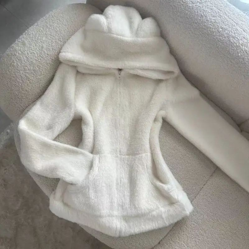 

2025 кавайная плюшевая толстовка с капюшоном, женская куртка на молнии с медвежьими ушками, мягкое теплое флисовое пальто, корейская зимняя верхняя одежда для милых девушек, милый модный тренд