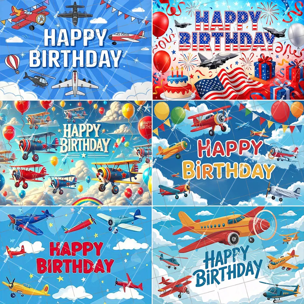 

Cartoon Airplane Kids Birthday Party Decoration Helicopter Biplane White Clouds Photography Background Photo Booth Props