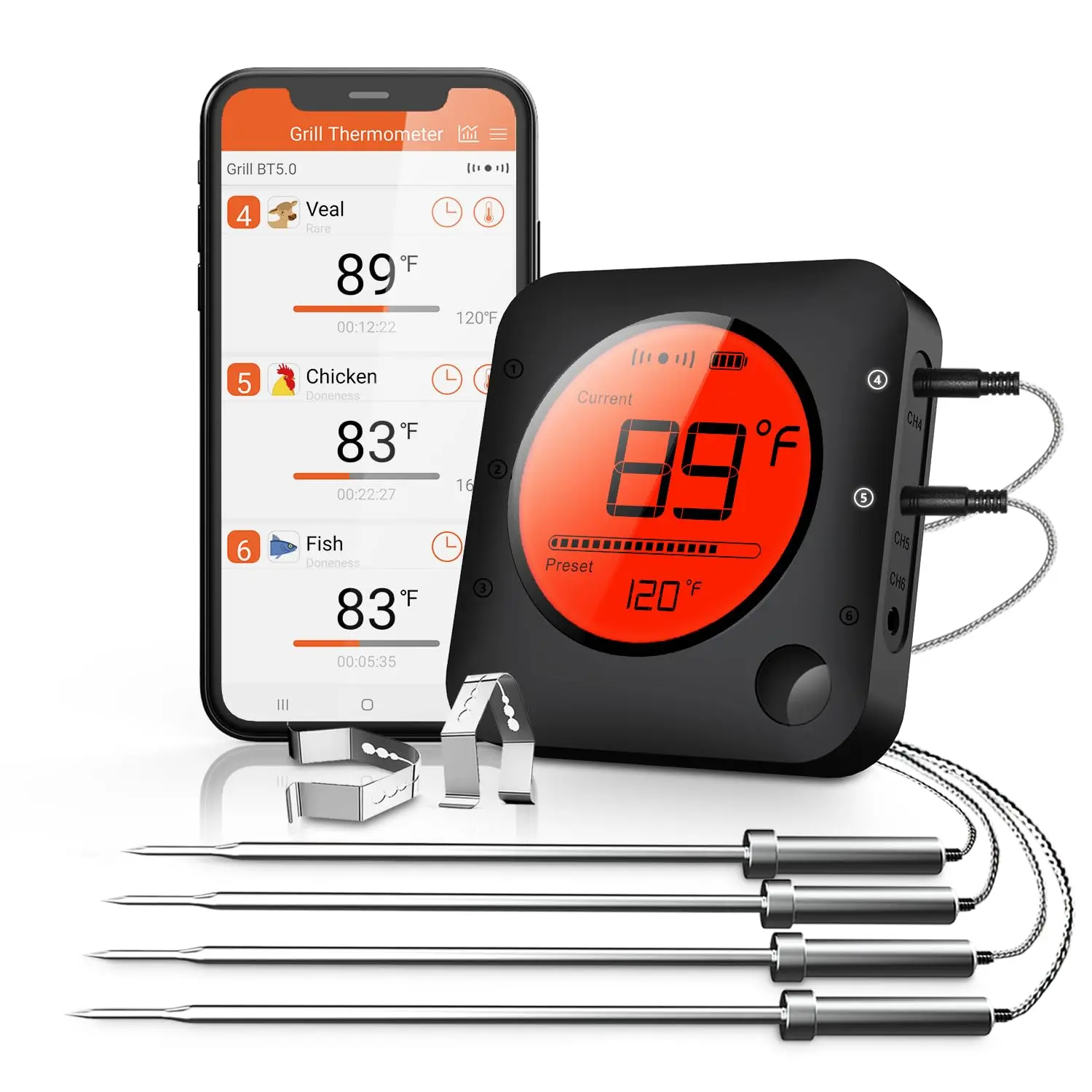 NONE Bluetooth-Fleischthermometer, digitales Grill-Küchenthermometer, unterstützt 6, Sonde für Smoker, Kochen, Grill, Ofen, Süßigkeiten 4