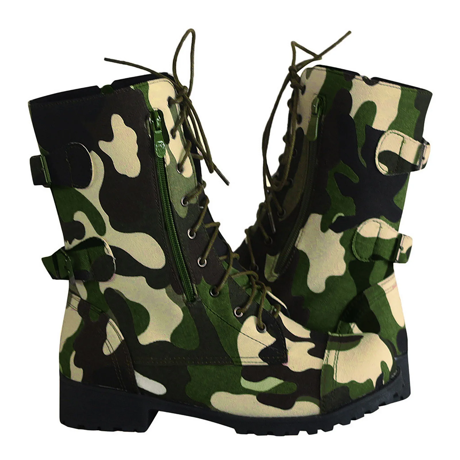 Women'S Winter Flats Boots Lining Ankle Lace Up Camouflage Military Combat Combat Boots Camouflage Drawstring Tie Half Booties