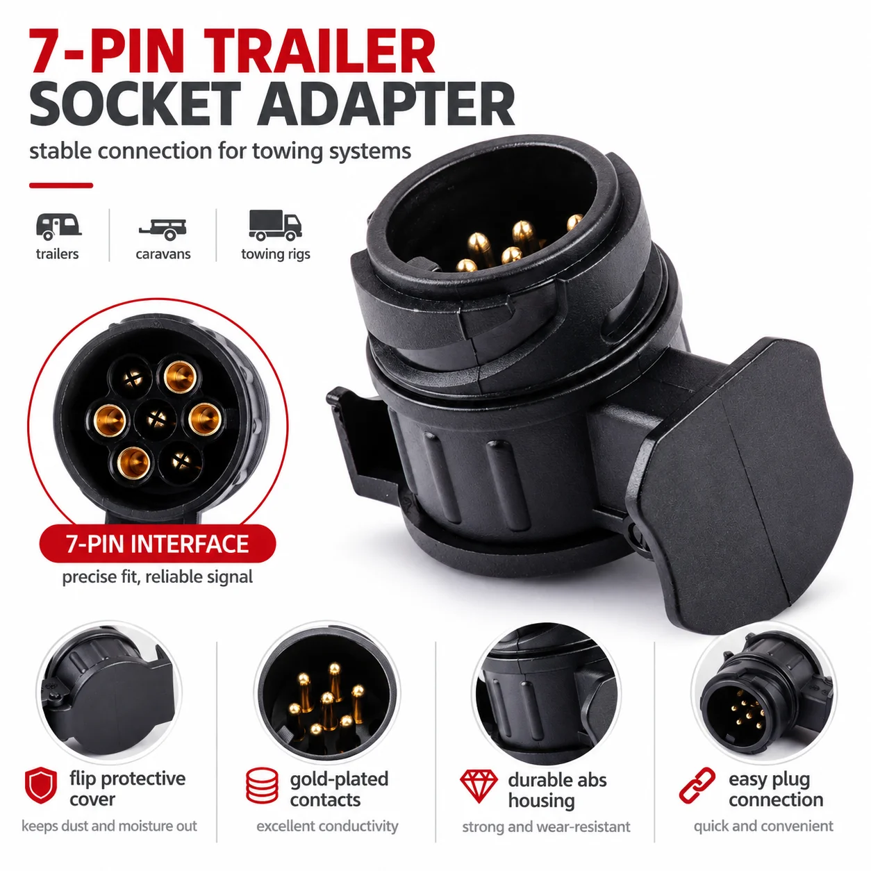 13 to 7 Pin Plug Adapter for Car Trailers Coupling Socket Holder Waterproof Connector 12V Padlock Protect Towing Accessories