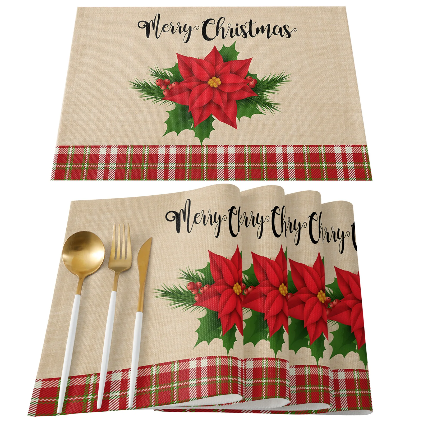 Christmas Poinsettia Red Plaid Table Runner Country Wedding Decoration Tablecloth Home Hotel Party Kitchen Dining Table Mats