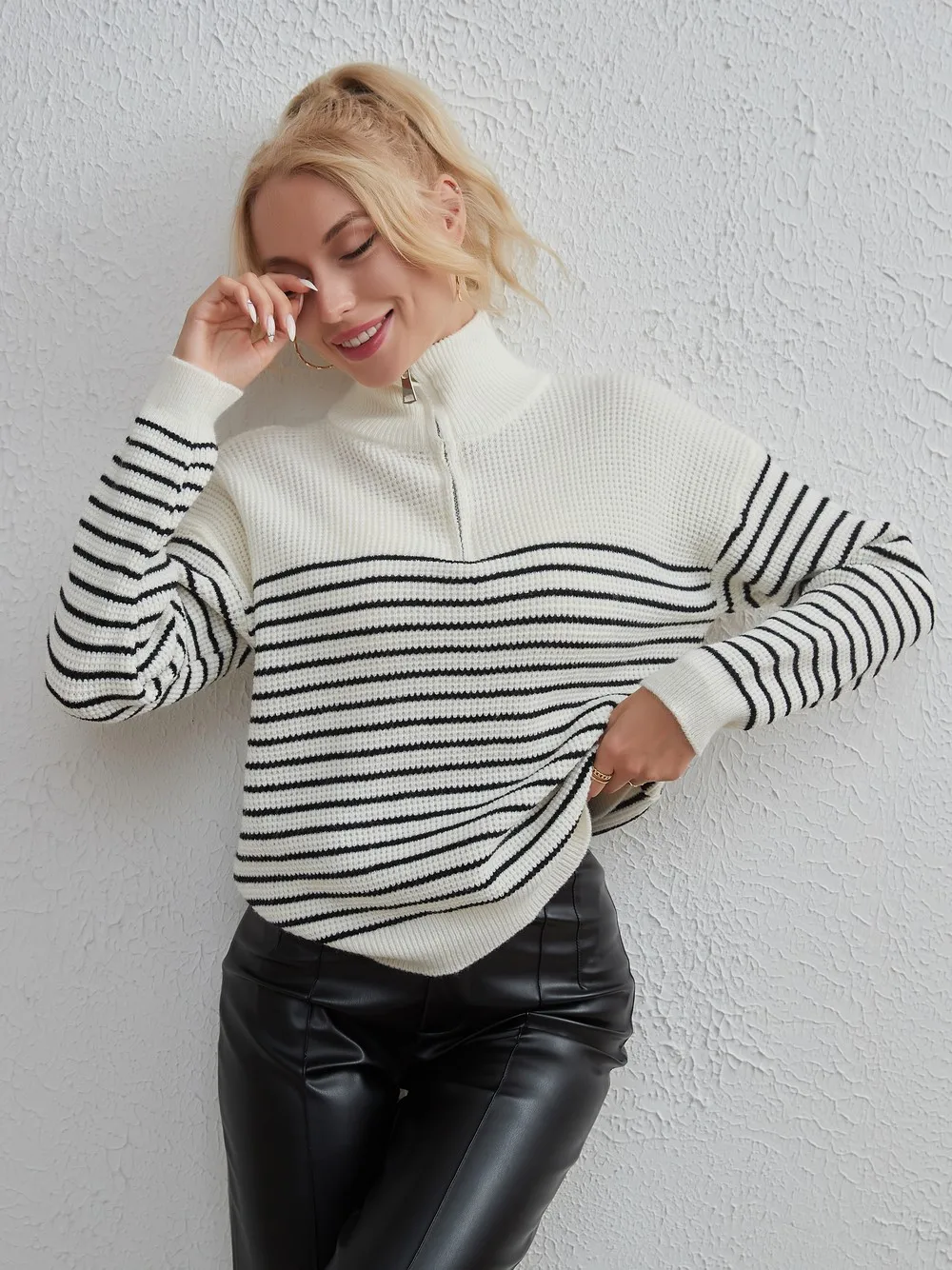 Wixra Women Sweaters Basic Long Sleeve Striped High Street Jumpers Zipper Warm Casual 2023 Autumn Winter