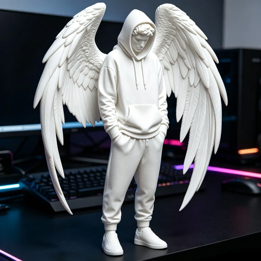 3D Printed Hoodie Winged Angel Statue Street Style Boy Figurine Modern Tabletop Ornament Model Bookshelf Home Decor Gift