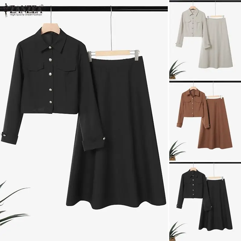 ZANZEA Frühling Elegantes Revers-Kragen Langarm-Blusenkleid Büroanzug für Damen 2-teiliges Set Einfarbiges OL Arbeitsrock-Set Herbst-Outfits