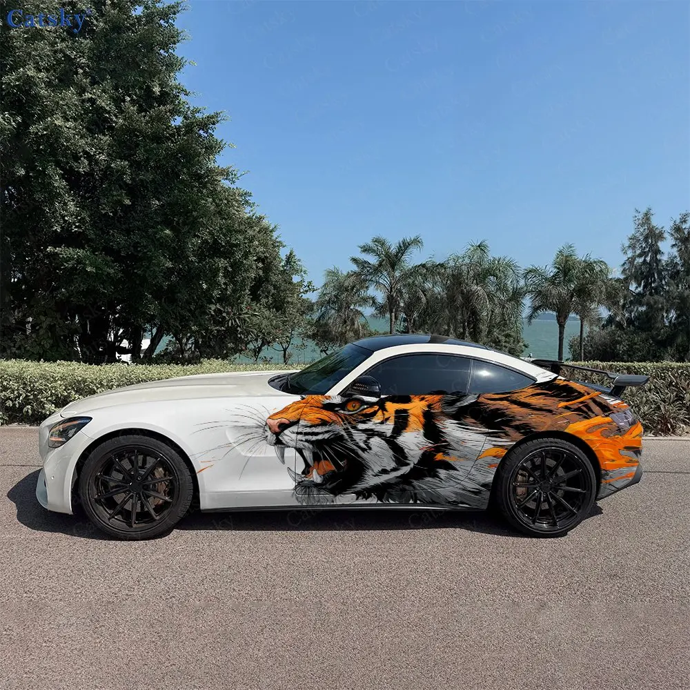 2pcs Flame Tiger Head Roaring Car Side Wraps, Self-Adhesive PVC Waterproof & Scratch-Resistant Stickers, Car Accessory Gift