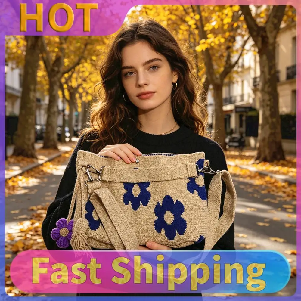 

Embroidery Aesthetic Boho Bag Lightweight Needlepoint Barrel Drawstring Purse with Flower Tassel Hand-Crochet Woven Summer Beach Bag for Women Vacation (Purple)
