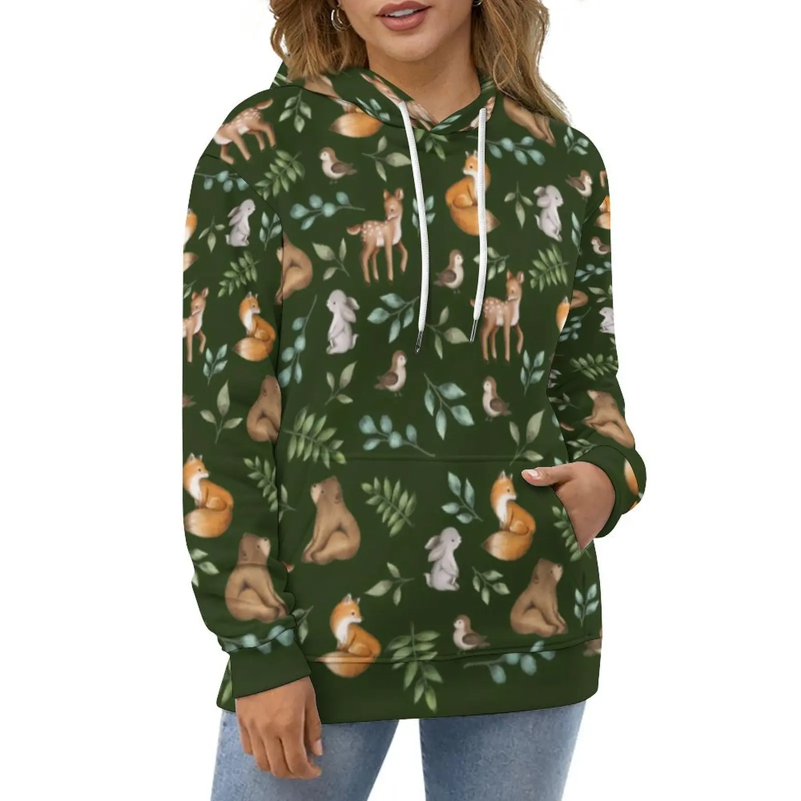 Kawaii Bear Fox Casual Hoodies Forest Animals Print Modern Pattern Loose Hoodie Spring Long Sleeve Hip Hop Oversized Top