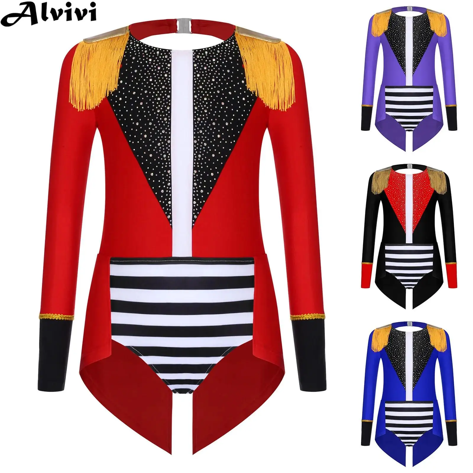 

Teen Girls Long Sleeve Rhinestone Dance Tuxedo Bodysuit Halloween Circus Ringmaster Magician Showman Cosplay Performance Costume
