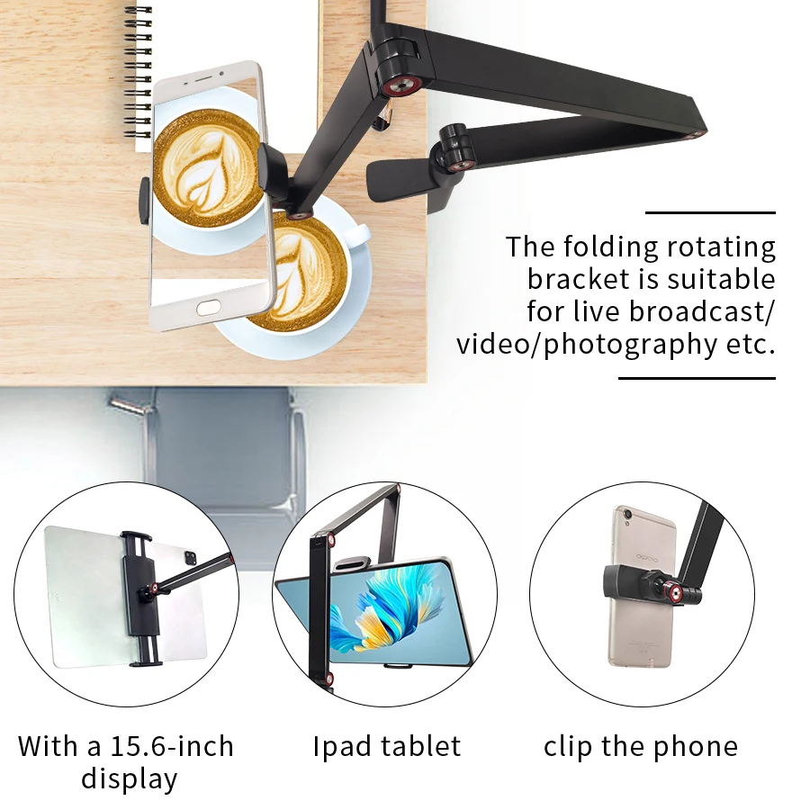 360-Grad-drehbarer Tablet-Ständer aus Aluminiumlegierung, lang, für Arm, freitragende Design-Telefonständer, Desktop-Telefonhalter