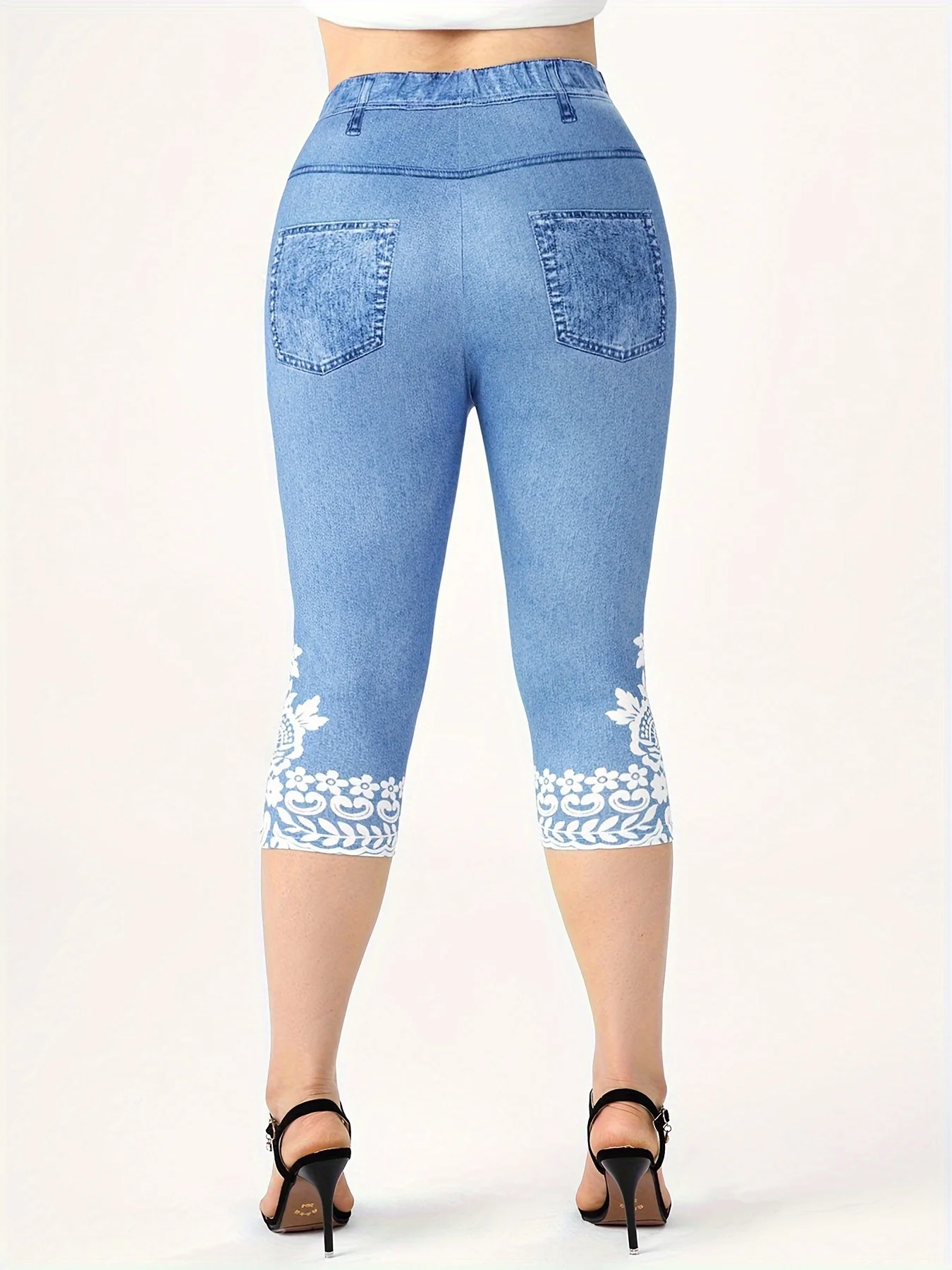 Plus Size Women's Imitation Denim Printed Tight Capri High Elasticity Knitted fashion Casual Leggings