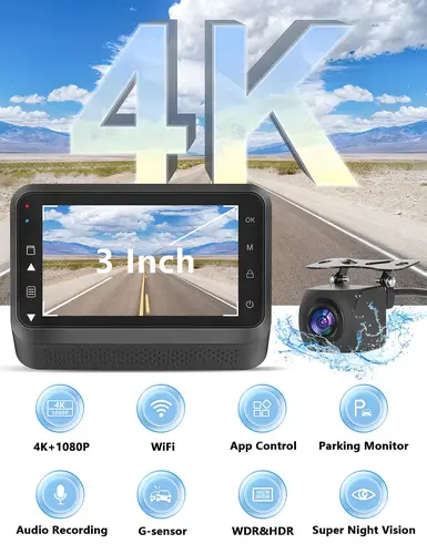 Imagen 2 del producto Kocam 4K UHD Dash Cam WiFi Car DVR Cámara de coche de doble lente delantera y trasera con visión nocturna Monitor de estacionamiento 24H Caja negra