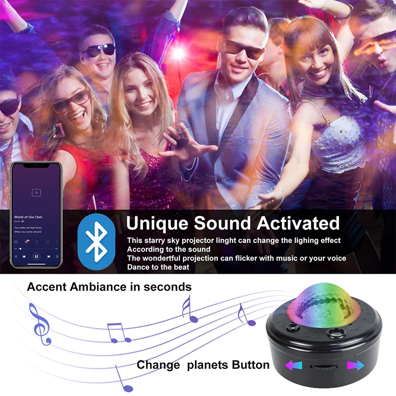 HCWE Sterprojector Afstandsbediening Kleurveranderende muziek voor luidspreker Timer Ocean Wave LED-nachtlampje Lamp voor baby/kinderen