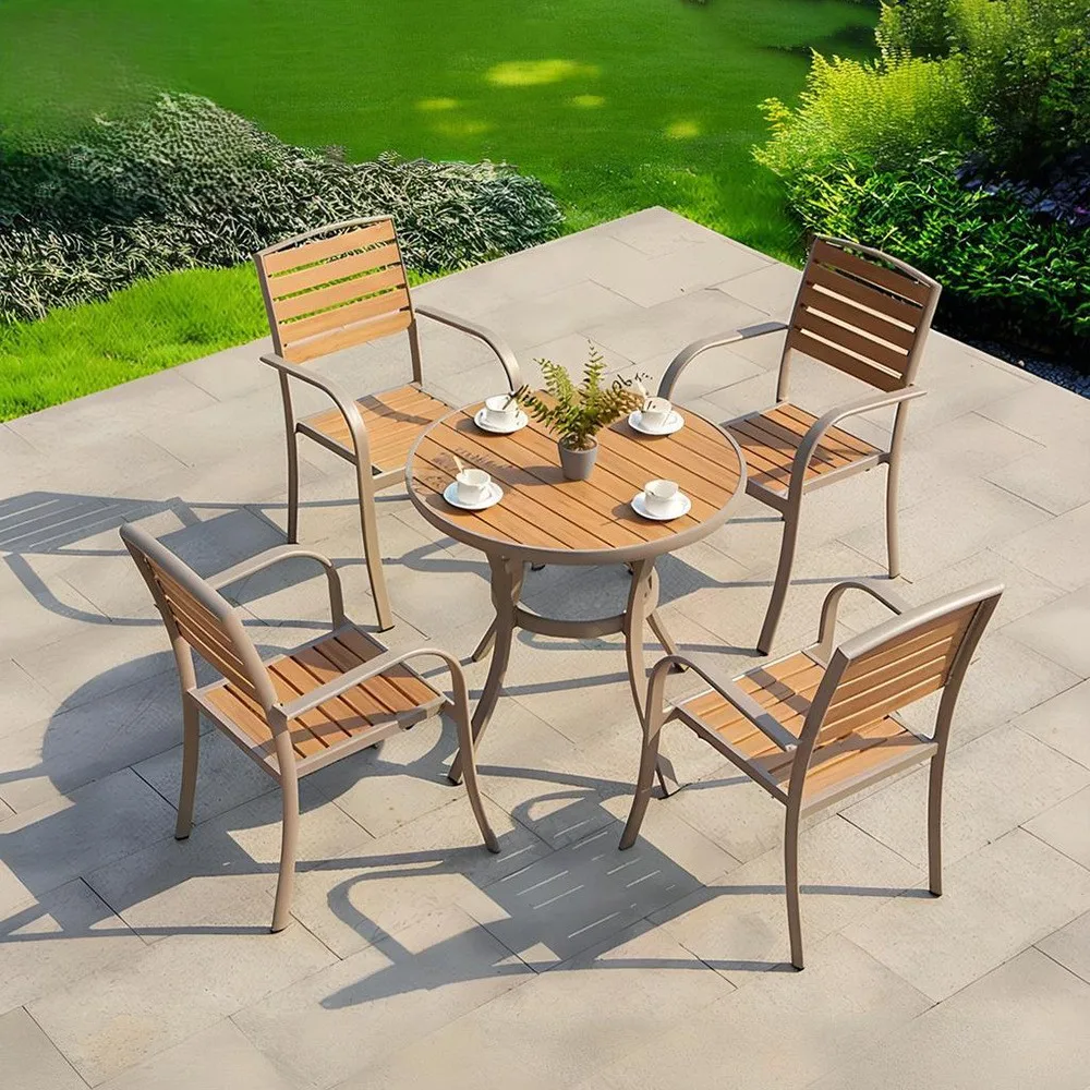 ！@High-End Printed Oil Plastic Wood Aluminum Alloy Dining Outdoor Table Chair Set Courtyard Garden Villa Balcony Stackable