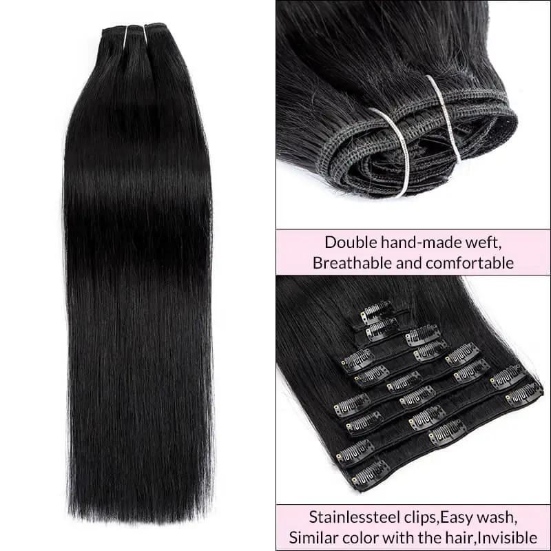 Clip In Hair Extensions Menselijk Haar 8 Stks/set Clip Ins Steil Haar Voor Volledig Hoofd Gitzwart 100% Remy Mensenhaar 12-24Inch