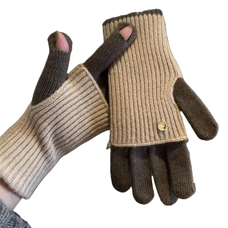 Korean Knitted Touchscreen Gloves Women's Splicing Color Versatile Fashion Two Finger Thick Warm Outdoor Skiing Plush Gloves