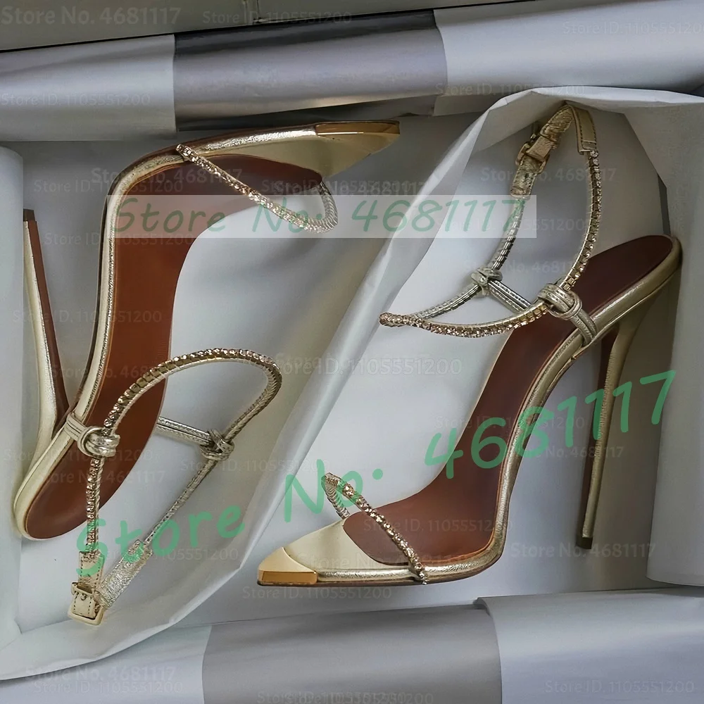 Pink Metallic Slender Strap High Heels Sandals Women Sparkling Crystal Thin Ankle Strap High Heels Pointy Open Toe Dress Shoes