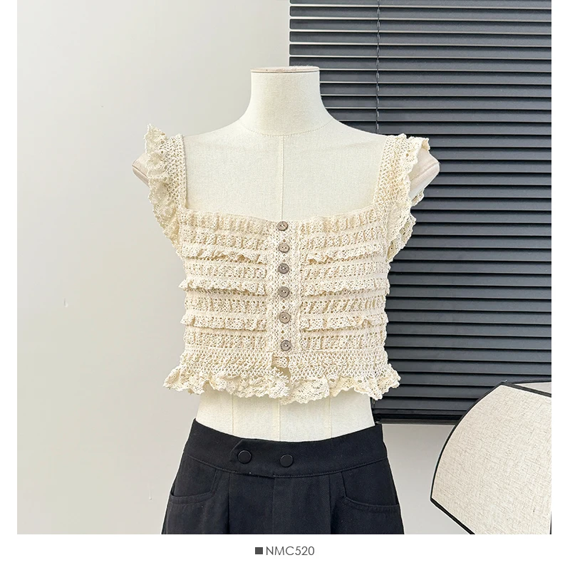 Lace Trim Crochet Top Women\'s Tank and Cami Square Neck Button Front Sheer Openwork Crop Cardigan Vest Summer Y2K 90s Outfit