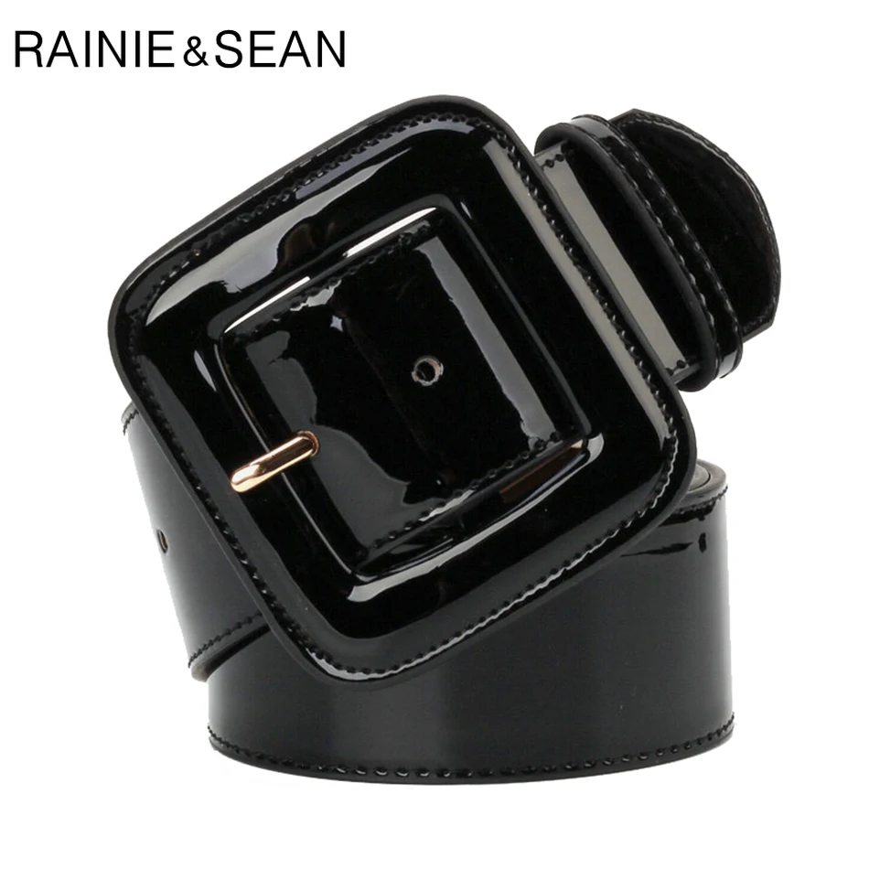 RAINIE SEAN Wide Belt Female Dress Belts Patent Leather Genuine Cowhide Black Elegant French Luxury Designer Women Waist Belt