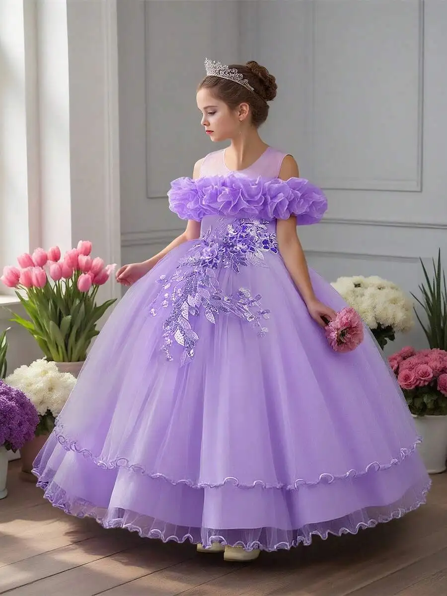 

Purple Tulle Ball Gown Dress With Floral Sequin Applique And Ruffle Off Shoulder