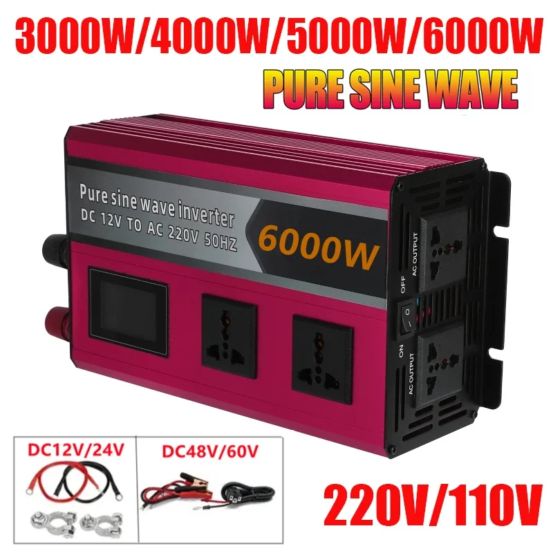 

3000W/4000W/5000W/6000W Pure Sine Wave Inverter 12V/24/V/ 220V 110V Voltage Converter Car Solar Power Inverter Universal Outlet