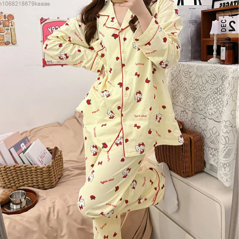 Sanrio Hello Kitty Cartoon Korean Version Cute Pajamas Women New Long Sleeved Sleepwear Y2k Sweet Girl Style Casual Home Clothes